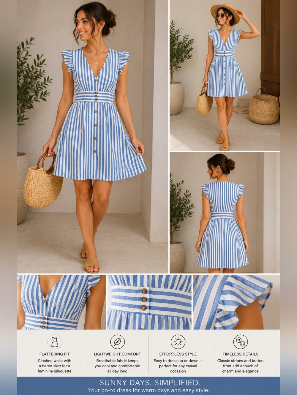💥 Blue and White Striped Mini Midi Dress with Functional Button Front